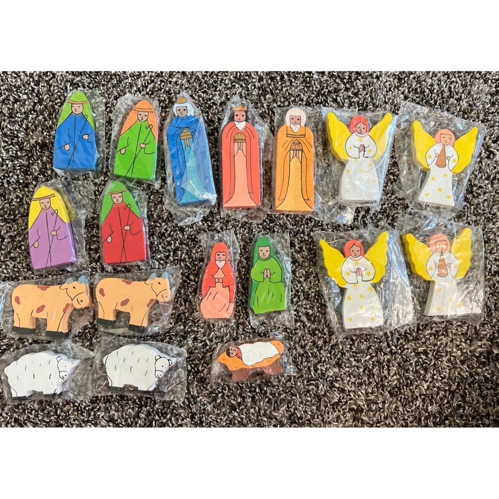 Vintage Wooden Nativity Set Hand Painted Christmas Folk Art Manger‎ Figures
